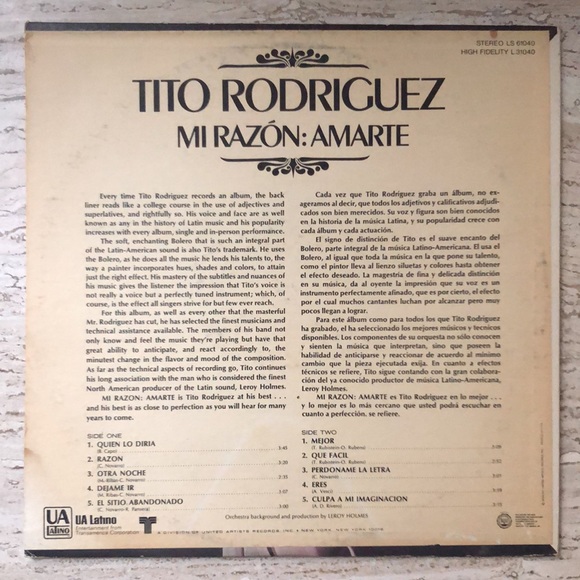Tito Rodriguez Mi Razon: Amarte Vinyl Lp '69 - Picture 9 of 10
